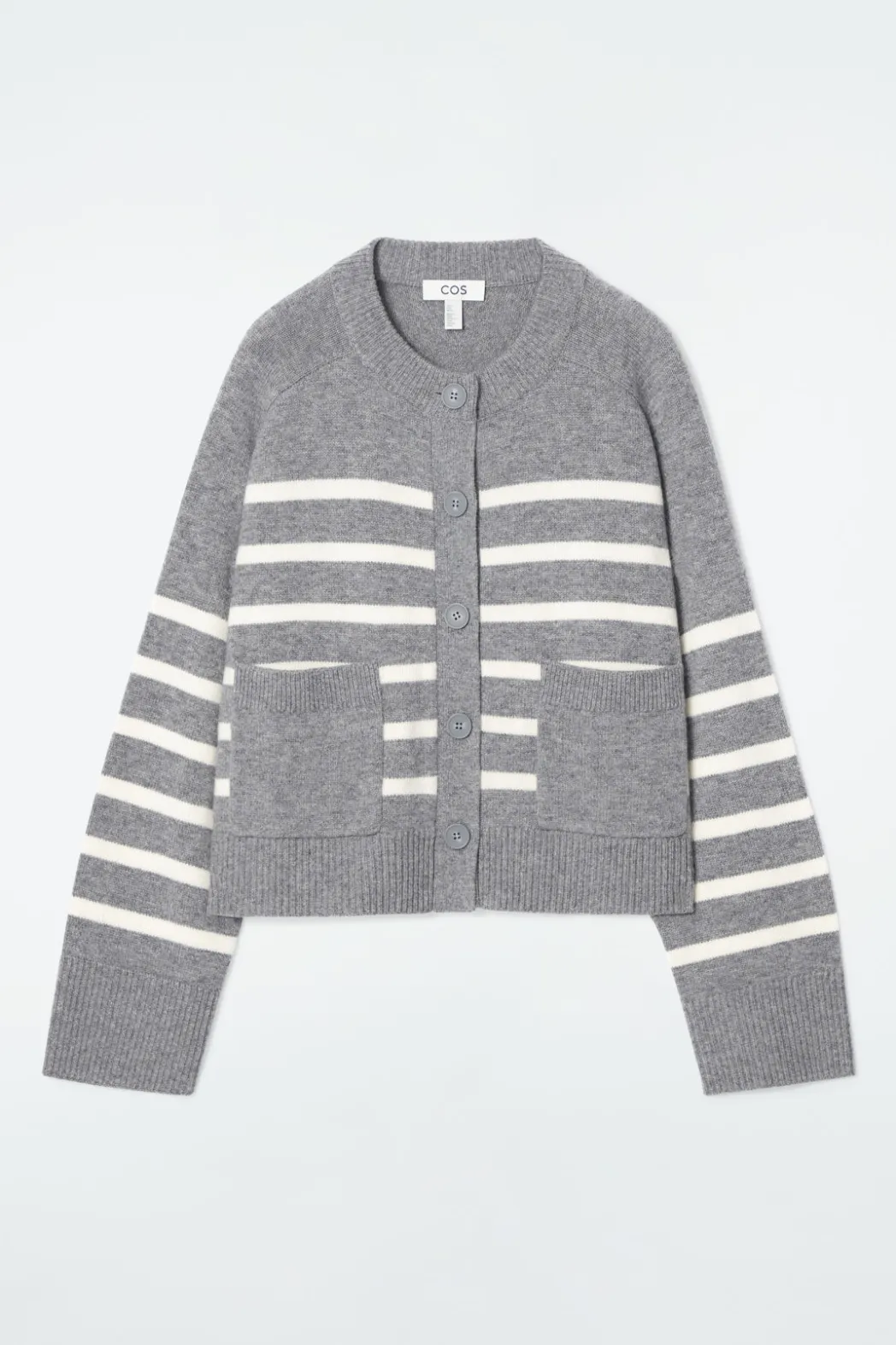 New COS WOOL CREW-NECK CARDIGAN GRAY / STRIPED