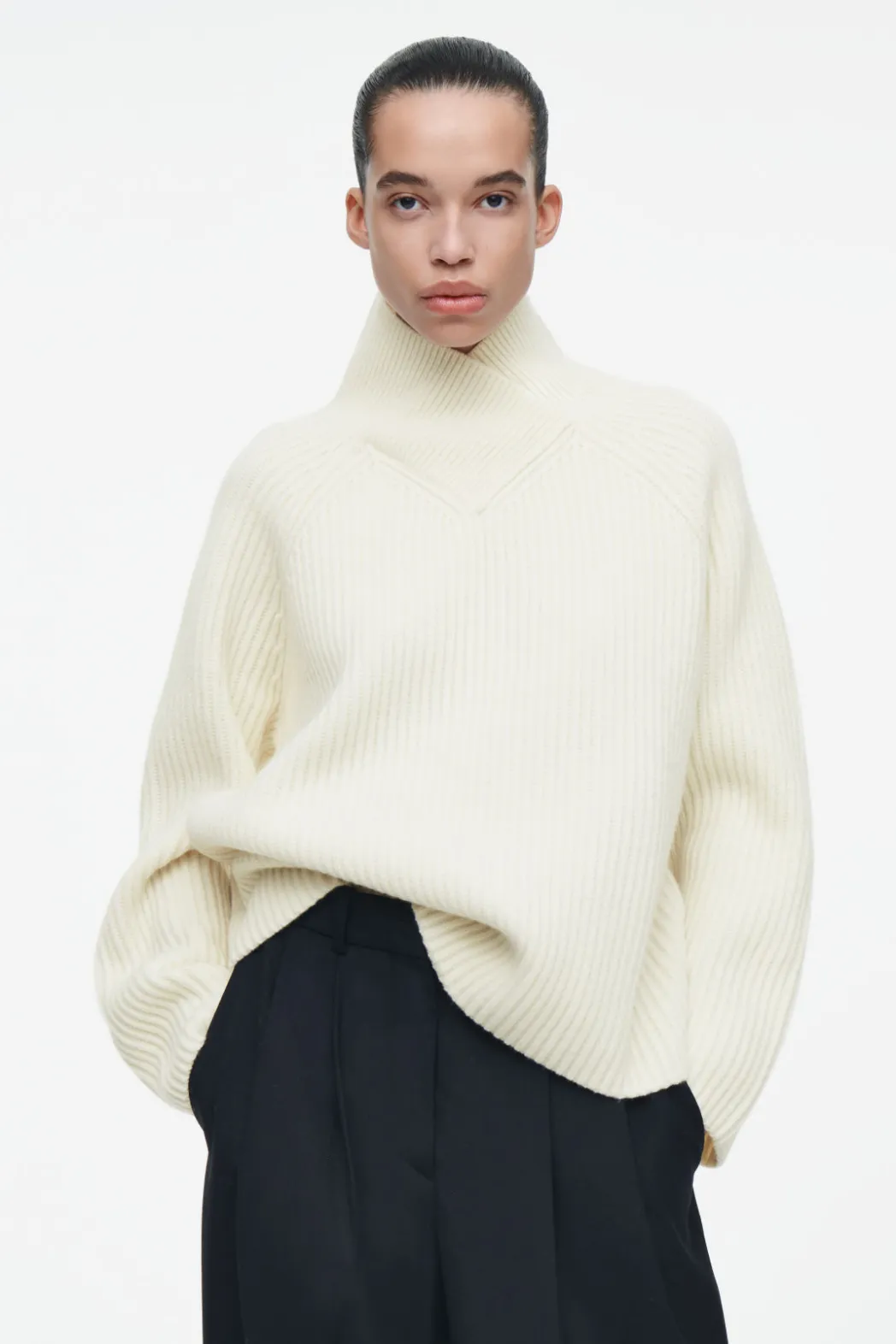 New COS WRAP-COLLAR MERINO WOOL JUMPER ECRU