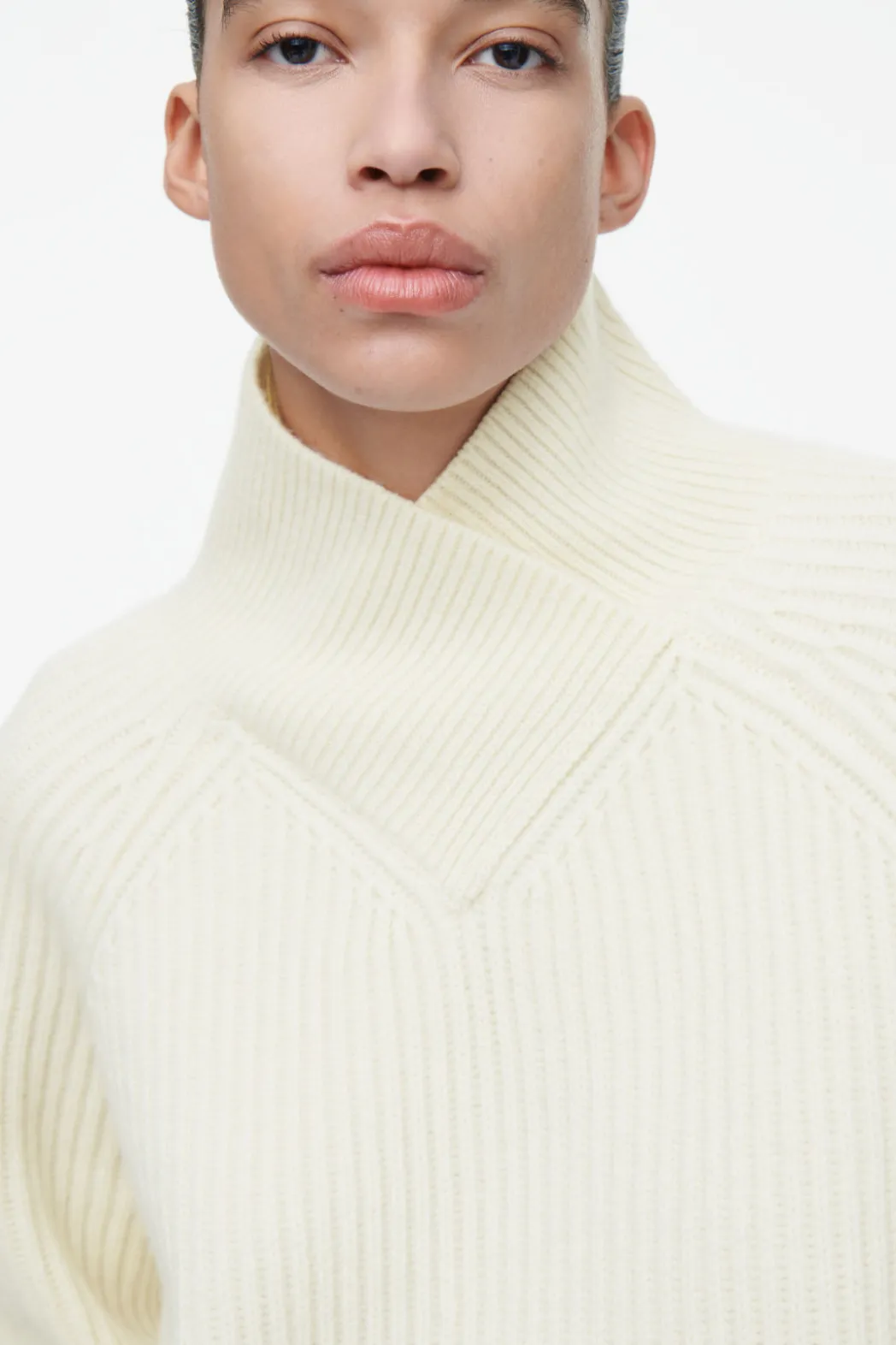 New COS WRAP-COLLAR MERINO WOOL JUMPER ECRU