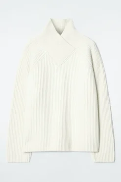 New COS WRAP-COLLAR MERINO WOOL JUMPER ECRU