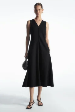 New COS ZIP-FRONT V-NECK MIDI DRESS BLACK
