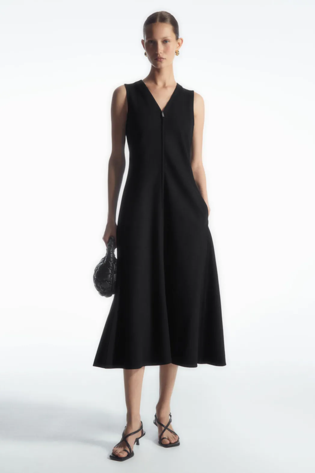 New COS ZIP-FRONT V-NECK MIDI DRESS BLACK