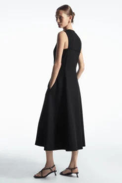 New COS ZIP-FRONT V-NECK MIDI DRESS BLACK