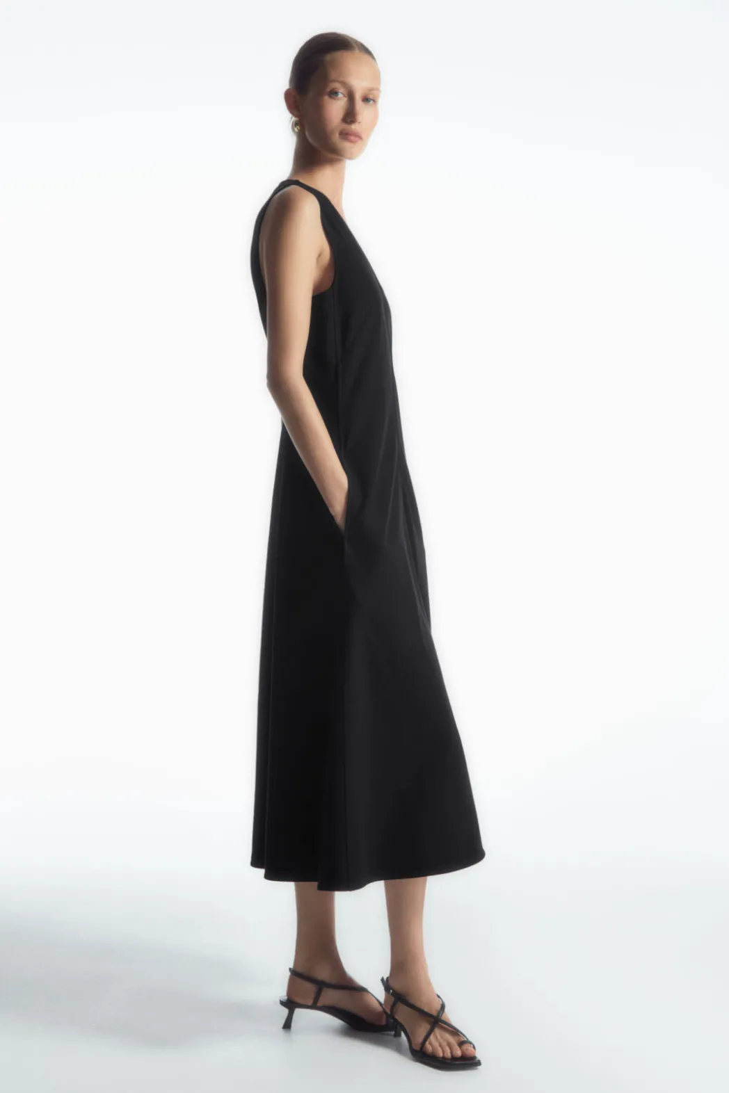 New COS ZIP-FRONT V-NECK MIDI DRESS BLACK