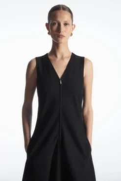 New COS ZIP-FRONT V-NECK MIDI DRESS BLACK