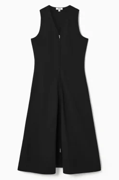 New COS ZIP-FRONT V-NECK MIDI DRESS BLACK
