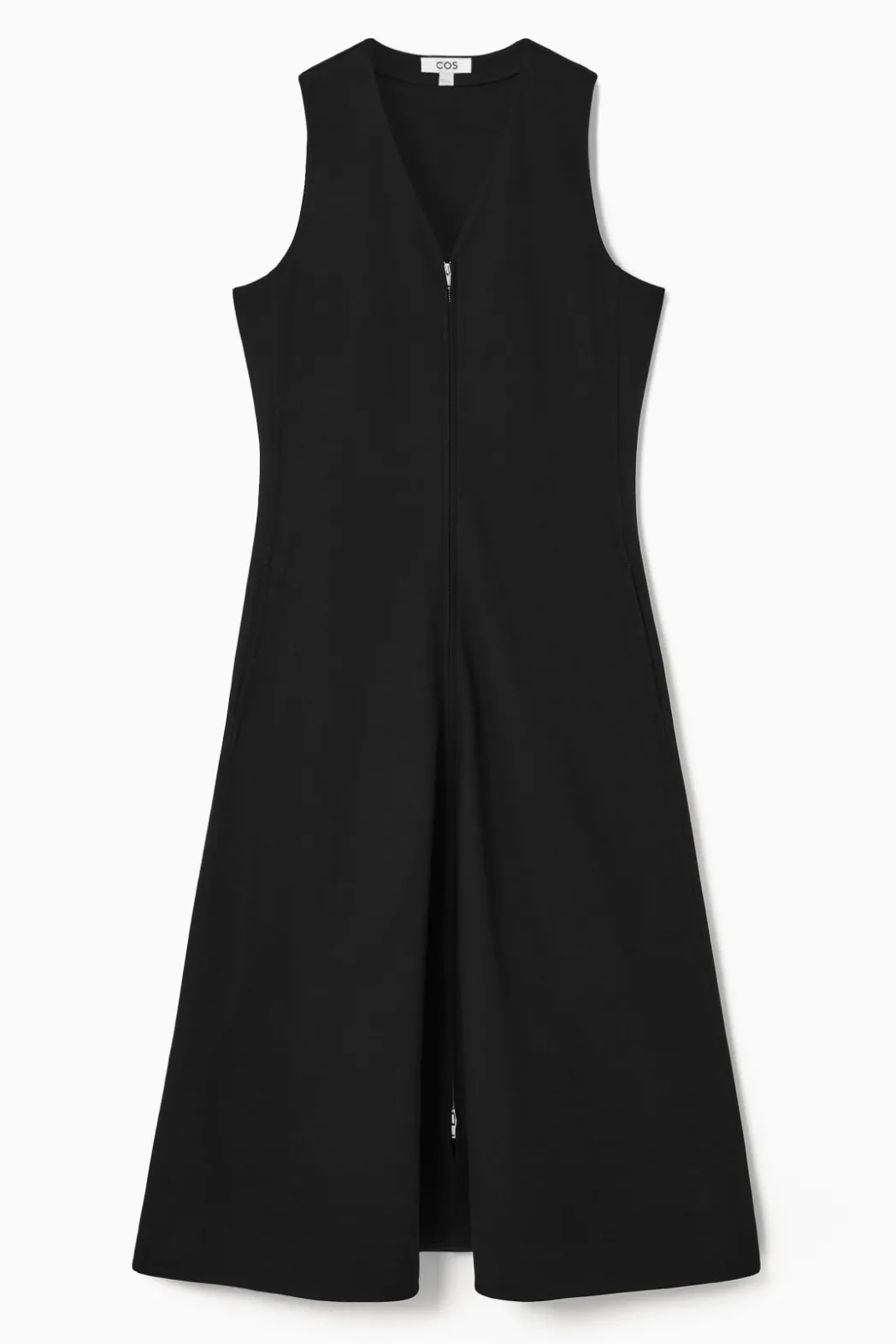 New COS ZIP-FRONT V-NECK MIDI DRESS BLACK